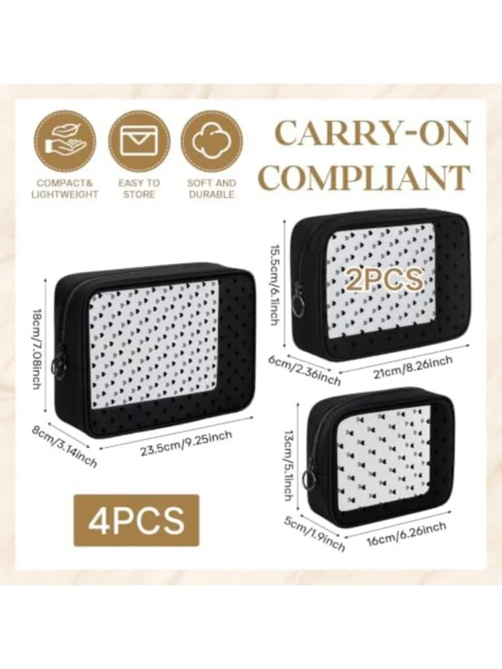 4 Pcs Heart Mesh Toiletry Bags Set - Makeup Organizer, 3 Sizes, Black